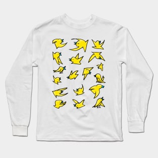 Flock of yellow birds with blue beaks happily chirping and flying Long Sleeve T-Shirt